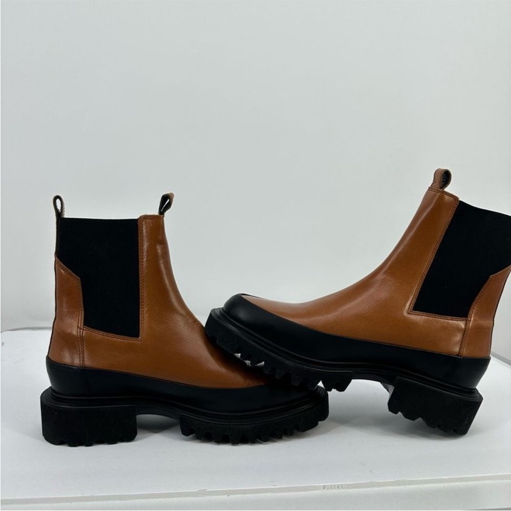 AllSaints Harlee Chelsea Tan Leather Lug Sole Chunky Combat Moto Boots Size 8